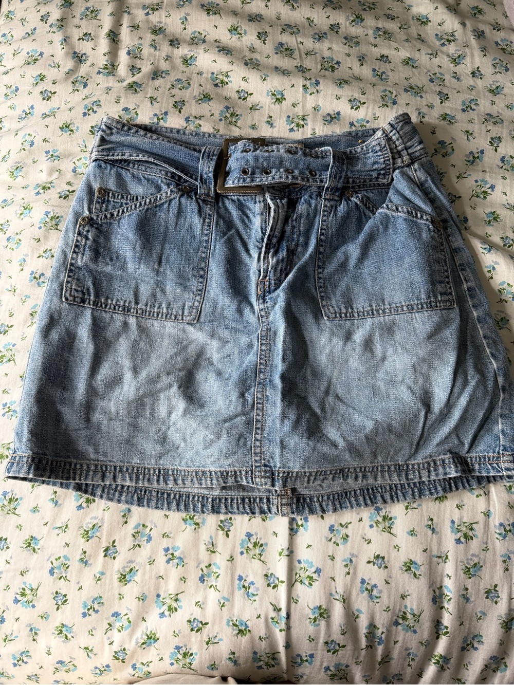 Faded Glory Light Blue Denim Mini Skirt with Belted Waist